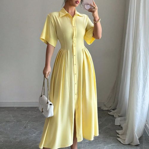 Robe maxi bouffante à simple boutonnage, jaune - SHEIN - Modalova