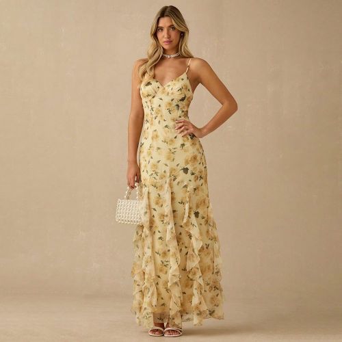 Robe de slip à taille cintrée avec ourlet à volants et imprimé floral, mode - SHEIN - Modalova