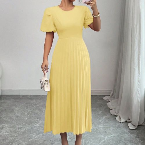 Robe jaune élégante au style français avec manches lanternes, col rond ajusté, ourlet plissé. Mode décontractée quotidienne, couleur rouge,s au - SHEIN - Modalova