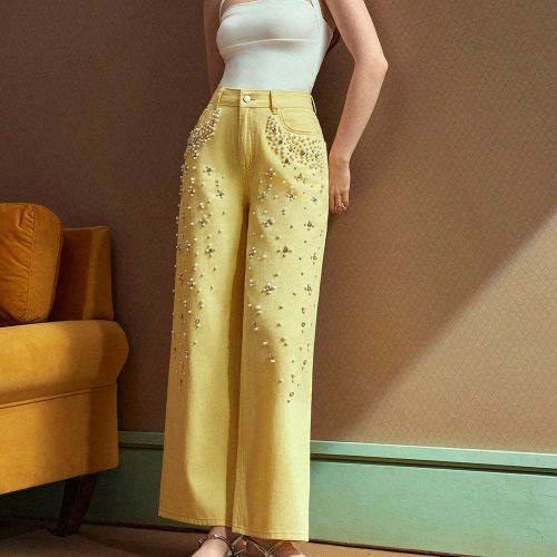 Jeans en denim de couleur unie à la modes, convenant à l'été, couleur jaune beurre - SHEIN - Modalova