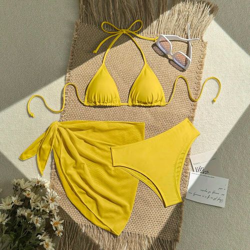 Ensemble de bikini à imprimé floral jaunes en vacances à la plage, maillot de bain 3 pièces - SHEIN - Modalova