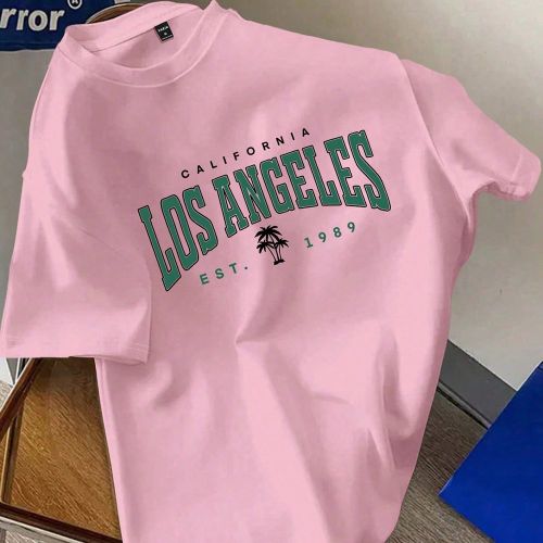 T-shirt rose à imprimé lettress, adapté pour l'été - SHEIN - Modalova