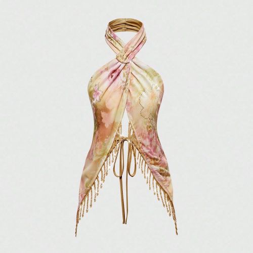 Débardeur dos nu bohème à franges et perles avec imprimé floral, style Y2K,s. Idéal pour l'été et les vacances à la plage - SHEIN - Modalova