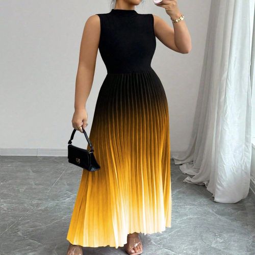 Robe midi imprimée florale dégradée avec col montant plissé sans manches, taille grande - SHEIN - Modalova