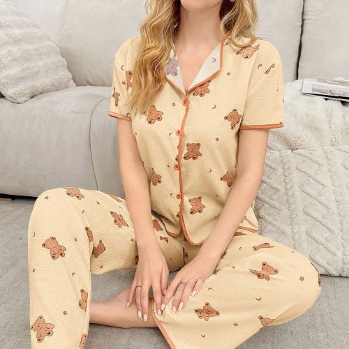 Ensemble de pyjamas avec cardigan à col et manches courtes, motif ourson mignon et céleste - SHEIN - Modalova