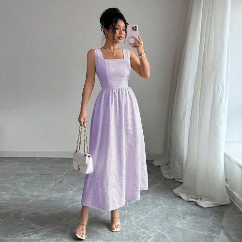 Robe mi-longue évasée plissée sans manches de mode française, texture jacquard à marguerites, crème jaune, dos nu, robe d'été élégantes - SHEIN - Modalova