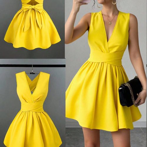 Robe courte romantique, élégante et sexy pour invitée de mariage, col V croisé, sans manches, coupe évasée, mini longueur. Tenue polyvalente pou - SHEIN - Modalova