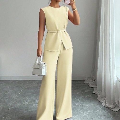 Tenue élégante de bureau, de trajet et de thé l'après-midis, chemise à col, boucle métallique à la taille, boucle métallique réglable sur l'à - SHEIN - Modalova