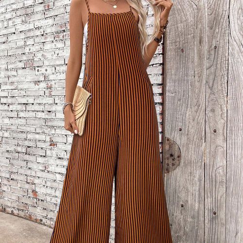 Combinaison casual sans manches avec imprimé rayé et poches - SHEIN - Modalova