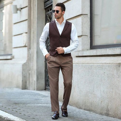 Pantalon habillés de couleur unie avec poche en biais, pli plissé, coupe slim. Pantalon habillé marrons, pantalon habillé plissés, pour l'automne - SHEIN - Modalova