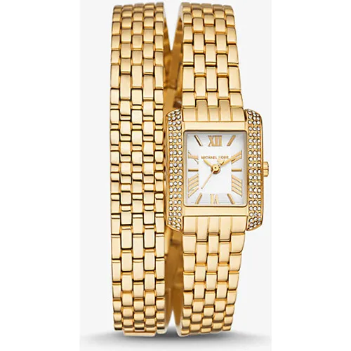 MK Petite montre Emery dorée à bracelet double avec pierres pavées - Michael Kors - Modalova