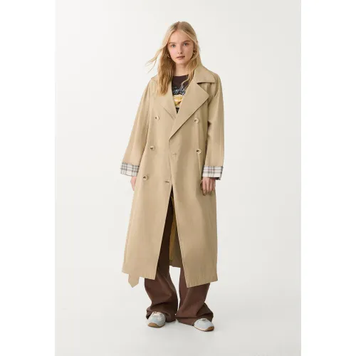 Trench long revers à carreaux XS - Stradivarius - Modalova