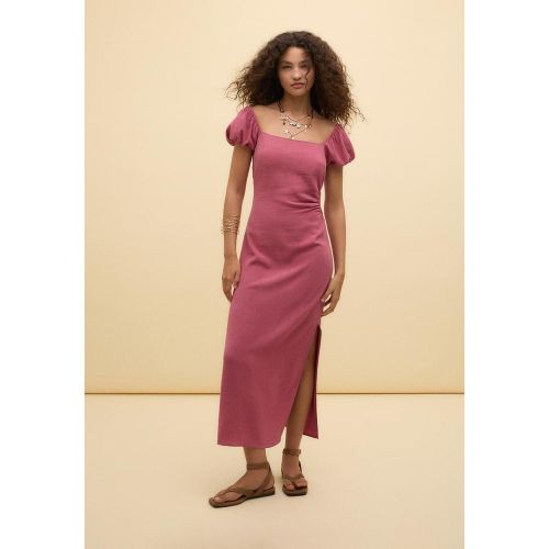 Robe midi manches bouffantes en lin XS - Stradivarius - Modalova
