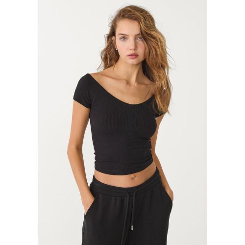 T-shirt à col en V en maille côtelée XS - Stradivarius - Modalova