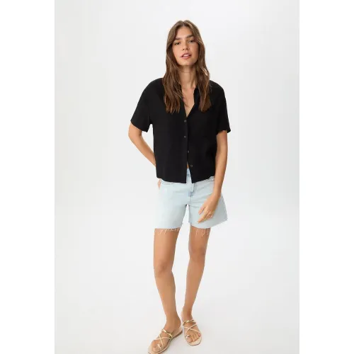 Chemise manches courtes avec lin XS - Stradivarius - Modalova