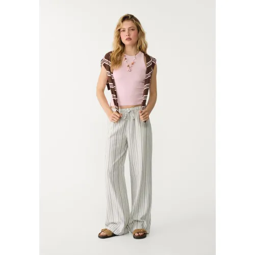 Pantalon long fluide en lin à rayures XS - Stradivarius - Modalova