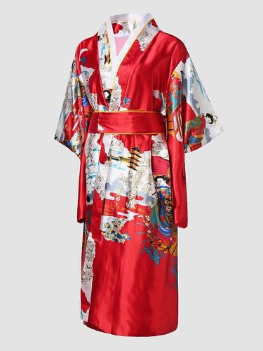 S Satin Kimono Figure Imprimer Bowknot Veau Longueur Maison Robes - Newchic - Modalova