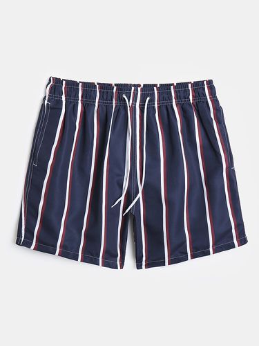 Men Striped Print Vintage Multi Pockets Short Length Leisure Soft Board Shorts - ChArmkpR - Modalova