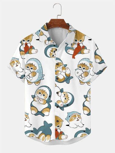 Chemises à manches courtes boutonnéess avec impression de chat de dessin animé Allover hiver - ChArmkpR - Modalova