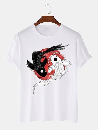 T-shirt à manches courtes et col rond, imprimé chinois Yin Yang carpe, hiver - Newchic - Modalova