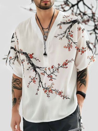 T-shirts à manches courtes et col en V imprimés fleurs de cerisier chinoiss - Newchic - Modalova