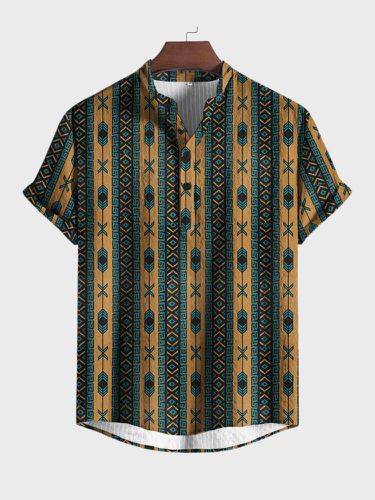 Chemises Henley à manches courtes ethniques à imprimé géométrique vintages - ChArmkpR - Modalova