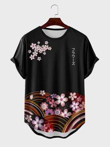 T-shirts à manches courtes et col rond à imprimé floral japonaiss - Newchic - Modalova