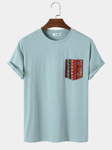 Mens Solid Color Short Sleeve T-Shirt With Ethnic Pattern Pockets - ChArmkpR - Modalova