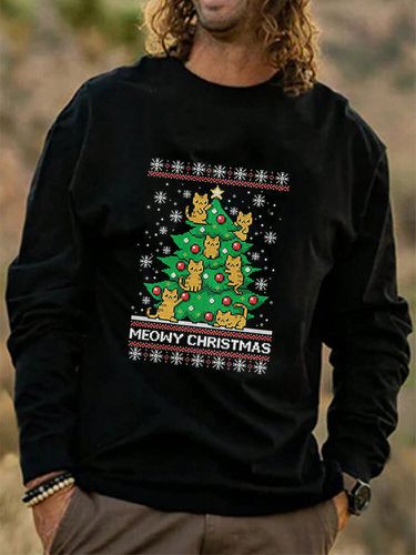 Sweat-shirt à col rond imprimé arbre de Noël et chats - ChArmkpR - Modalova