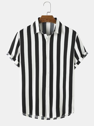Mens Plain Vertical Striped Lapel Casual Short Sleeve Shirts - Newchic - Modalova