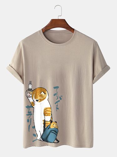 T-shirts à manches courtes en coton à col rond imprimé chat de style japonaiss - ChArmkpR - Modalova