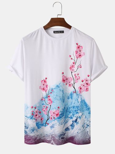 Mens Cherry Blossom & Iceberg Landscape Pattern Short Sleeve Street T-Shirt - Newchic - Modalova