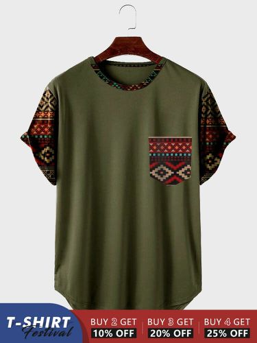 T-shirts à ourlet incurvé avec poche poitrine et imprimé géométrique ethniques - Newchic - Modalova