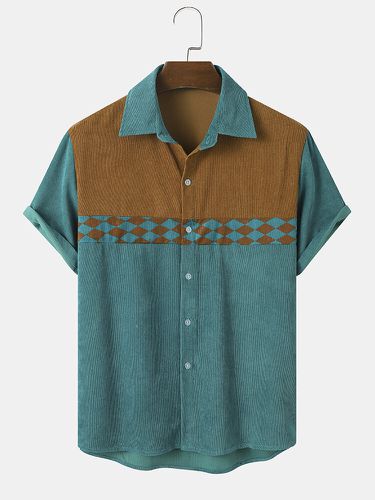 Mens Argyle Pattern Stitching Corduroy Short Sleeve Shirts - ChArmkpR - Modalova
