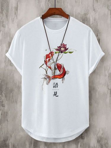 T-shirt à manches courtes et col rond, imprimé chinois Koi Lotus, hiver - Newchic - Modalova