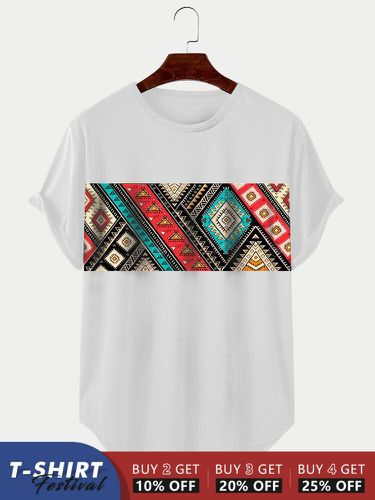 T-shirts à manches courtes à ourlet incurvés à imprimé géométrique ethnique hiver - Newchic - Modalova