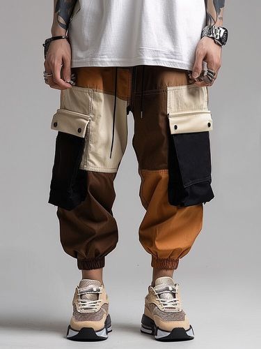 Pantalon décontracté à poches cargo en patchwork de blocs de couleurss - Newchic - Modalova