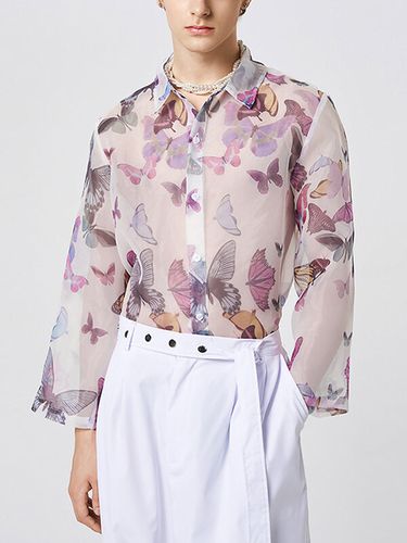 Chemise boutonnée à revers transparent avec imprimé papillon - INCERUN - Modalova