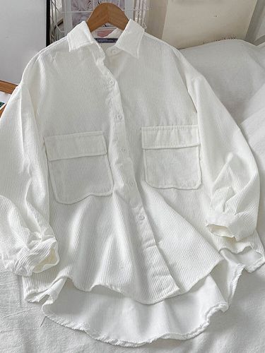 Solid Corduroy High-low Hem Button Long Sleeve Shirt - ZANZEA - Modalova
