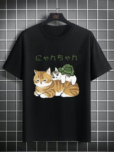 T-Shirts à manches courtes et col ronds, dessin animé japonais, chat, tortue, imprimé, hiver - Newchic - Modalova