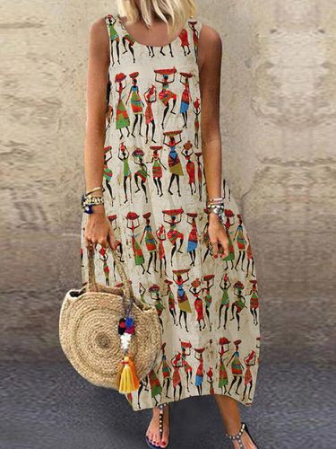 Vintage Print Sleeveless Plus Size Summer Dress - ZANZEA - Modalova