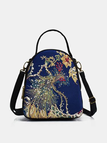 Women Ethnic Embroidered Sequined Canvas Peacock Handbag Crossbody Bag - Socofy-1 - Modalova