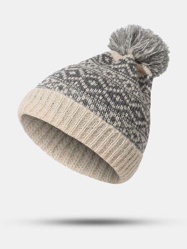 Fil de coton unisexe tricoté épaissi Argyle Jacquard boule de fourrure décoration chaleur sans bord bonnet chapeau - Newchic - Modalova