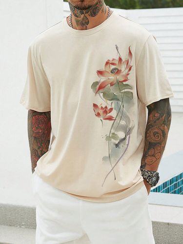 T-shirts à manches courtes et col ronds, style chinois, imprimé lotus, hiver - Newchic - Modalova