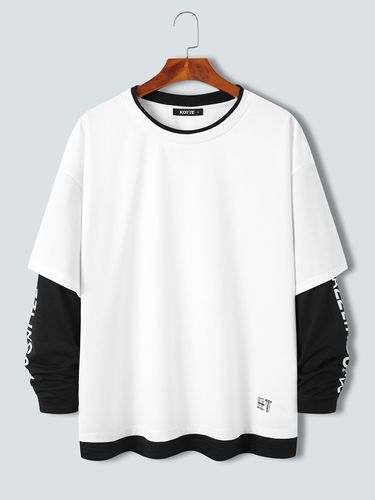 Mens Letter Sleeve Print Crew Neck Contrast Faux Twinset T-Shirts - KOYYE - Modalova