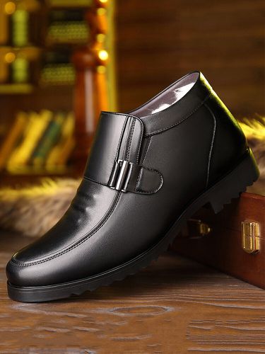 Men Plush Lining Non Slip Metal Buckle Slip On Casual Leather Boots - Newchic - Modalova