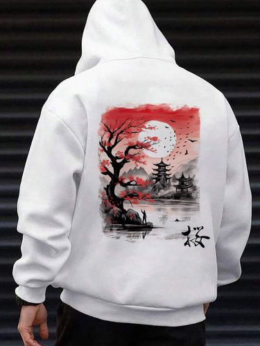 Sweat à capuche à manches longues et ample, motif paysage chinois, imprimé au dos, hiver - ChArmkpR - Modalova