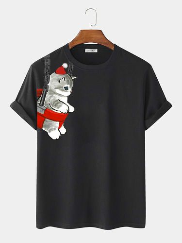 T-shirts à manches courtes et col ronds, imprimé sur le côté du chat de noël, hiver - ChArmkpR - Modalova