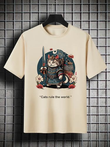 T-shirt à manches courtes et col rond, imprimé Floral, chat japonais, hiver - Newchic - Modalova