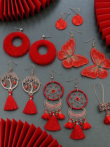 Noël fleur rouge femmes boucles d'oreilles creux papillon gland pendentif boucles d'oreilles bijoux cadeau - Newchic - Modalova